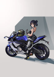 Rule 34 | 1girl, absurdres, akiyama mio, alternate costume, alternate hairstyle, bare shoulders, biker clothes, bikesuit, black footwear, black hair, blue eyes, bodysuit, boots, closed mouth, clothes writing, from side, full body, gloves, hair rings, unworn headwear, helmet, unworn helmet, highres, k-on!, knee boots, knee pads, looking at viewer, looking to the side, motor vehicle, motorcycle, motorcycle helmet, shiba inuza, sidelocks, sitting, solo, tank top, white gloves