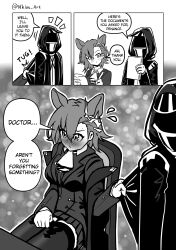 Rule 34 | 1girl, 1other, ^^^, absurdres, animal ears, arknights, asymmetrical bangs, blush, breasts, chair, comic, commentary, doctor (arknights), english commentary, english text, flying sweatdrops, greyscale, hair between eyes, highres, hood, hood up, hooded jacket, jacket, long sleeves, medium breasts, mole above eye, monochrome, nhim, nose blush, notice lines, on chair, open clothes, open jacket, penance (arknights), pleated skirt, sitting, skirt, thighhighs, twitter username