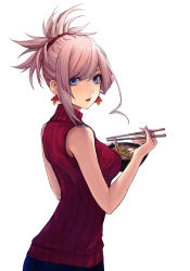 Rule 34 | 1girl, applekun, asymmetrical hair, back, bare shoulders, blue eyes, blush, bowl, breasts, chopsticks, earrings, fate/grand order, fate (series), food, hair ornament, hair scrunchie, jewelry, large breasts, long hair, looking at viewer, looking back, miyamoto musashi (fate), noodles, open mouth, pink hair, ponytail, red sweater, ribbed sweater, scrunchie, simple background, sleeveless, sleeveless sweater, sweater, swept bangs, turtleneck, turtleneck sweater, udon, white background