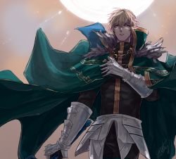 Rule 34 | 1boy, armor, black gloves, blonde hair, blue eyes, cape, collared cape, excalibur galatine (fate), fate/extra, fate/grand order, fate (series), fur collar, gauntlets, gawain (fate), gloves, green cape, holding, holding sword, holding weapon, knight, knights of the round table (fate), linnne, long sleeves, looking at viewer, male focus, short hair, signature, solo, sun, sword, weapon