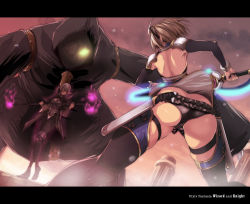 Rule 34 | 2girls, ass, backless outfit, bad id, bad pixiv id, bare back, clonia crackle, copyright name, fukai ryosuke, letterboxed, monster, multiple girls, pixiv fantasia, pixiv fantasia wizard and knight, pointy ears, shoulder pads, staff, sword, weapon