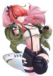 Rule 34 | 1girl, bandeau, bare shoulders, black gloves, black hair, black shorts, breasts, cleavage, commentary request, fingerless gloves, gloves, green jacket, grey eyes, gun, handgun, highres, holding, holding gun, holding weapon, jacket, lain paterson, lain paterson (1st costume), long hair, long sleeves, looking at viewer, medium breasts, men ta pasudai, midriff, multicolored hair, navel, nijisanji, off shoulder, open clothes, open fly, open jacket, parted lips, pistol, ponytail, pouch, red hair, revision, short shorts, shorts, sidelocks, simple background, solo, stomach, strapless, streaked hair, stuffed animal, stuffed shark, stuffed toy, suspenders, thigh strap, thighhighs, thighs, tube top, virtual youtuber, weapon, white background
