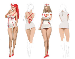 Rule 34 | 2girls, arm at side, breast lift, breasts, brown hair, cleavage, cleavage cutout, clothing cutout, concept art, glasses, gluteal fold, hair over one eye, hat, heart cutout, high heels, highres, hunting era, index finger raised, large breasts, long hair, looking at viewer, multiple girls, nurse, nurse cap, ponytail, red-framed eyewear, red eyes, red hair, sangsoo jeong, short sleeves, simple background, sketch, skirt, skirt tug, very long hair, white background