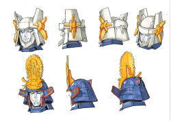 Rule 34 | character sheet, frame arms, from behind, from side, head only, headdress, kenshin (frame arms), light smile, looking ahead, mecha, multiple views, no humans, official art, ookawara kunio, robot, science fiction