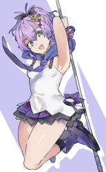 Rule 34 | 1girl, :d, armpits, arms up, azur lane, black ribbon, black socks, boots, breasts, camisole, crown, green eyes, hair between eyes, hair ornament, hair ribbon, head tilt, highres, holding, javelin (azur lane), looking at viewer, mini crown, open mouth, plaid, plaid skirt, pleated skirt, ponytail, purple footwear, purple hair, purple skirt, ribbon, shirotae moyashi, skirt, small breasts, smile, socks, solo, white camisole