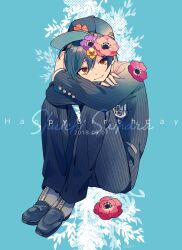 Rule 34 | 1boy, amagi hana, arms on knees, baseball cap, black footwear, black hat, black jacket, black pants, blue background, blue hair, buttons, character name, closed mouth, commentary request, crossed arms, danganronpa (series), danganronpa v3: killing harmony, dated, english text, eyelashes, fingernails, flower, full body, grey footwear, hair between eyes, hair flower, hair ornament, happy, happy birthday, hat, hat flower, head on arm, jacket, knees up, layered sleeves, long sleeves, looking at viewer, male focus, orange flower, pansy, pants, pink flower, pinstripe jacket, pinstripe pants, pinstripe pattern, pocket, purple flower, red-flanked bluetail, saihara shuichi, shoes, short hair, simple background, sitting, smile, solo, two-tone footwear, yellow eyes, yellow flower, zipper