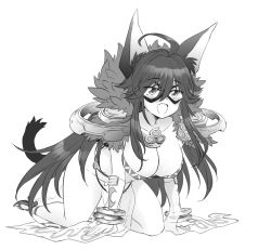 Rule 34 | 1girl, :d, ahoge, animal ears, bangle, blush, bracelet, breasts, cape, cat ears, cat girl, cat tail, cleavage, commentary request, detached sleeves, dress, eye mask, fang, full body, fur collar, goinkyo, greyscale, jewelry, large breasts, long hair, mizuki takehito, monochrome, no panties, open mouth, ragnarok online, see-through, see-through dress, simple background, skin fang, smile, solo, sorcerer (ragnarok online), tail