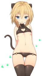 Rule 34 | 1girl, :d, animal ears, arms behind back, bare shoulders, black panties, black thighhighs, blonde hair, blue eyes, blush, breasts, cat ears, cat tail, clothing cutout, fang, gluteal fold, groin, hair between eyes, heart, heart cutout, highres, looking at viewer, navel, o-ring, o-ring bottom, open mouth, original, panties, paw print, ruiten, simple background, small breasts, smile, solo, standing, tail, thigh gap, thighhighs, underboob, underwear, white background