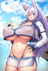 Rule 34 | 1girl, animal ear fluff, animal ears, blue eyes, blush, breasts, covered erect nipples, fox ears, fox girl, hair between eyes, highres, huge breasts, indigo (tylwing), light purple hair, long hair, looking at viewer, navel, open mouth, original, race queen, simple background, smile, solo, tylwing, underboob