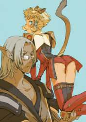 Rule 34 | 00s, 1boy, 1girl, animal ears, ass, bad id, bad pixiv id, blonde hair, branch (blackrabbits), elf, elvaan, final fantasy, final fantasy xi, glasses, height difference, looking back, mithra (ff11), monk, monk (final fantasy), petite, pointy ears, red mage (final fantasy), short hair, size difference, tail, thighhighs