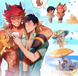 Rule 34 | 2boys, 2girls, :3, alune (league of legends), animal ears, aphelios, aqua shirt, bandaid, bandaid on face, bandaid on nose, black hair, black male swimwear, cat, chibi, closed mouth, crossed arms, fiiiiiiisher7, flower, flower necklace, highres, jewelry, league of legends, male swimwear, multiple boys, multiple girls, muscular, muscular male, necklace, official alternate costume, open clothes, open shirt, pool party sett, red hair, sett (league of legends), shirt, short hair, smile, sunglasses, teeth, topless male, white hair, yuumi (league of legends)