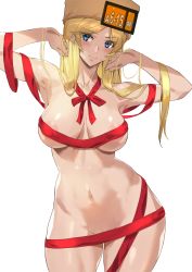 Rule 34 | 1girl, armpits, ashiomi masato, bar censor, blonde hair, blue eyes, blush, breasts, censored, groin, guilty gear, guilty gear strive, hat, highres, large breasts, long hair, looking at viewer, millia rage, navel, nipples, nude, simple background, solo, sweatdrop, very long hair, white background