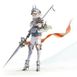 Rule 34 | 1girl, absurdres, armor, banner, couter, full body, hand on own hip, helmet, highres, original, pointy ears, polearm, ponytail, red eyes, shorts, simple background, spear, thighhighs, vexxxxa, weapon, white background, white thighhighs