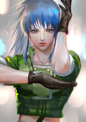 Rule 34 | black gloves, blue hair, buttons, clenched hand, gloves, green eyes, green jacket, hands up, ikari warriors, jacket, leona heidern, long hair, military, military uniform, nao3art, ponytail, snk, solo, the king of fighters, uniform