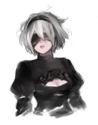 Rule 34 | 1girl, bad id, bad twitter id, black dress, black hairband, blindfold, cleavage cutout, clothing cutout, covered eyes, dress, grey hair, gyullim, hairband, highres, lips, messy hair, mole, mole under mouth, nier (series), nier:automata, portrait, short hair, simple background, sketch, solo, white background, 2b (nier:automata)