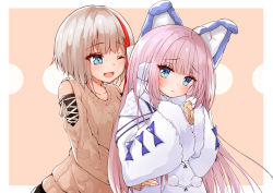 Rule 34 | 2girls, :d, absurdres, admiral graf spee (azur lane), admiral graf spee (daily peaceful life) (azur lane), admiral graf spee (peaceful daily life) (azur lane), ahoge, animal ears, azur lane, blue eyes, blush, cat ears, coat, commentary request, fake animal ears, fur-trimmed coat, fur-trimmed sleeves, fur trim, grey hair, highres, hug, hug from behind, long hair, multicolored hair, multiple girls, one eye closed, open mouth, overcoat, pom pom (clothes), purple hair, ryou (ryo 217cafe), short hair, sidelocks, sleeves past fingers, sleeves past wrists, smile, streaked hair, tashkent (azur lane), very long sleeves, white coat
