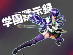 Rule 34 | 1girl, blue eyes, bow, breasts, busujima saeko, cameltoe, cleavage, copyright name, elbow pads, foruka, gloves, glowing, gradient background, hair over one eye, highschool of the dead, long hair, open mouth, panties, purple hair, purple panties, scabbard, school uniform, sheath, shin guards, side-tie panties, solo, sword, thighhighs, thighs, underwear, wallpaper, weapon