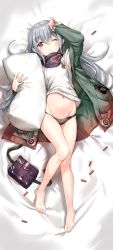 Rule 34 | 1girl, arm up, bag, bandana, bare legs, barefoot, bed sheet, black panties, blush, brown eyes, coat, g11 (girls&#039; frontline), girls&#039; frontline, grey hair, hair between eyes, hand up, highres, holding, holding pillow, long hair, looking at viewer, lying, marmoset (marmoset0), navel, on back, one eye closed, open clothes, open coat, panties, parted lips, pillow, satchel, shell casing, sidelocks, sleeves past wrists, solo, tank top, tareme, thighs, underwear