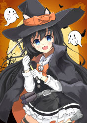 Rule 34 | 1girl, 2others, absurdres, asashio (kancolle), black cape, black hair, black headwear, blue eyes, cape, commentary request, cowboy shot, dress, faster crisis, frilled dress, frills, full moon, ghost, gloves, hat, highres, kantai collection, long hair, long sleeves, looking at viewer, moon, multiple others, official alternate costume, orange neckwear, orange sky, pinafore dress, searchlight, shirt, sky, sleeveless, sleeveless dress, striped clothes, striped thighhighs, thighhighs, wand, white gloves, white shirt, witch hat