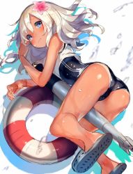 Rule 34 | 10s, 1girl, ass, bad id, bad twitter id, bare arms, bare legs, between legs, blue eyes, bukurote, crop top, flower, hair between eyes, hair flower, hair ornament, kantai collection, lifebuoy, looking at viewer, lying, one-piece swimsuit, one-piece tan, ro-500 (kancolle), school swimsuit, silver hair, sketch, slippers, solo, swim ring, swimsuit, tan, tanline, torpedo, wavy mouth, wet