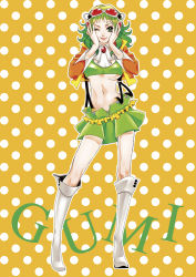 Rule 34 | 1girl, bad id, bad pixiv id, boots, breasts, character name, goggles, goggles on head, green eyes, green hair, gumi, headphones, jacket, matching hair/eyes, gumi (v3 megpoid), midriff, navel, one eye closed, orange background, polka dot, polka dot background, riff (artist), ruko, short hair, skirt, small breasts, smile, solo, suspenders, underboob, vocaloid, wink