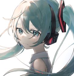 Rule 34 | 1girl, :|, adzusaki, bare shoulders, blue eyes, blue hair, blush, closed mouth, collared shirt, floating hair, frilled shirt, frills, from side, hair between eyes, hatsune miku, headset, highres, long hair, looking at viewer, microphone, shirt, sidelocks, simple background, sleeveless, sleeveless shirt, solo, tearing up, twintails, vocaloid, white background, white shirt