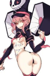 Rule 34 | 10s, 1girl, ass, breasts, chuzenji, hat, holster, jakuzure nonon, kill la kill, looking at viewer, open mouth, pasties, pink eyes, pink hair, revealing clothes, shako cap, shoulder holster, simple background, skull print, small breasts, smile, solo, jakuzure nonon (symphony regalia), twisted torso, underboob, white background, wide hips