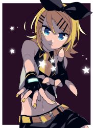 Rule 34 | 1girl, backlighting, bare arms, belt, black bow, black gloves, black shorts, black star (module), blonde hair, blue eyes, border, bow, closed mouth, collared crop top, contrapposto, cowboy shot, crop top, dark background, dot nose, fingerless gloves, fingernails, flat chest, gloves, glowing, gradient background, hair between eyes, hair bow, hair ornament, hairclip, headset, kagamine rin, light smile, limited palette, looking at viewer, midriff, nail polish, navel, neckerchief, necktie, outstretched arms, parted bangs, project diva (series), purple background, shade, short hair, shorts, solo, star (symbol), tsurime, vocaloid, white border, yellow belt, yellow nails, yellow neckerchief, yoshiki