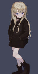Rule 34 | 1girl, absurdres, bare legs, black choker, blonde hair, blue background, blush, bpqd, choker, coat, fang, female focus, hands in pockets, highres, long hair, looking at viewer, open mouth, original, purple eyes, simple background, smile, solo, thick eyebrows, winter clothes, winter coat