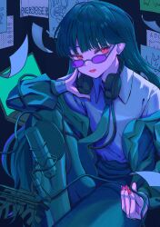 Rule 34 | 1girl, absurdres, ado (utaite), black hair, blunt bangs, cable, chando (ado), character name, closed mouth, computer, cowboy shot, fingernails, glasses, hand on headphones, headphones, headphones around neck, highres, holding, holding cable, jacket, knee up, laptop, long hair, long sleeves, looking to the side, microphone, neon palette, off shoulder, open clothes, open jacket, overdose (natori), pants, paper, pop filter, purple-tinted eyewear, red eyes, red nails, shirt, sitting, solo, song name, takayou, tinted eyewear, very long hair, white shirt