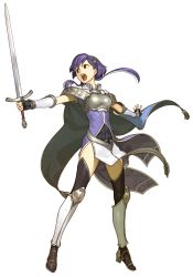 Rule 34 | 1girl, armor, armored boots, bare shoulders, bell, black eyes, boots, breastplate, cape, fingerless gloves, fire emblem, fire emblem cipher, fire emblem echoes: shadows of valentia, full body, gloves, hidari (left side), long hair, nintendo, open mouth, purple hair, solo, sword, teeth, thighhighs, transparent background, weapon, yuzu (fire emblem)