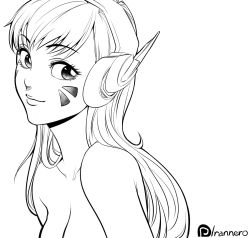 Rule 34 | 1girl, breasts, collarbone, completely nude, d.va (overwatch), eyelashes, facepaint, facial mark, female focus, greyscale, headphones, hunched over, leaning forward, light smile, long hair, looking at viewer, medium breasts, monochrome, nude, overwatch, overwatch 1, patreon username, rannero, sideways glance, simple background, sketch, solo, topless frame, upper body, watermark, whisker markings, white background