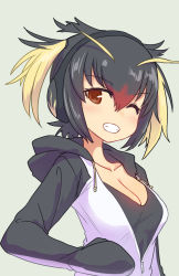 Rule 34 | 10s, 1girl, black hair, blush, breasts, cleavage, commentary request, hair between eyes, headphones, highres, jacket, kemono friends, looking at another, medium breasts, multicolored hair, one eye closed, open mouth, red eyes, red hair, rockhopper penguin (kemono friends), short hair, simple background, smile, solo, standing, sumiyao (amam), upper body