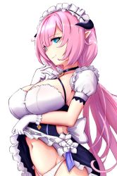 Rule 34 | 1girl, blue eyes, blunt bangs, bob cut, breasts, closed mouth, commentary, cowboy shot, curled horns, detached sleeves, dress, elysia (honkai impact), elysia (miss pink elf) (honkai impact), english commentary, forehead, frilled dress, frills, gloves, halterneck, hand up, highleg, highleg panties, honkai (series), honkai impact 3rd, horns, large breasts, lifting own clothes, long hair, looking at viewer, maid, navel, panties, parted bangs, pink hair, pink pupils, pointy ears, short sleeves, slash-ex, smile, solo, stomach, underwear, white gloves, white panties, white sleeves