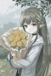 Rule 34 | 1girl, absurdres, arknights, black choker, bouquet, brown hair, choker, coat, flower, grey sky, highres, holding, holding bouquet, kkamkkam, leaf, long hair, long sleeves, looking at viewer, mole, mole under eye, muelsyse (arknights), open clothes, open coat, outdoors, overcast, pendant choker, pointy ears, sky, smile, solo, upper body, very long hair, water drop, white coat, yellow eyes, yellow flower