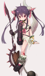 Rule 34 | 1girl, ahoge, alternate costume, alternate eye color, ball and chain restraint, black footwear, black gloves, blush, boots, breasts, closed mouth, cuffs, ebisuzawa kurumi, full body, gakkou gurashi!, gloves, highres, holding, holding weapon, knee boots, long hair, looking at viewer, navel, okayparium, purple hair, red eyes, shackles, single glove, sitting, small breasts, solo, twintails, weapon
