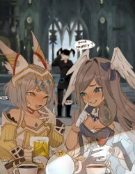 Rule 34 | 2girls, absurdres, aizel (xenoblade chronicles 3), alcohol, animal ears, beer, beer mug, blue eyes, blurry, blurry background, breasts, character request, chest jewel, cleavage, cup, dadeltan, drinking glass, drunk, english text, fang, gloves, grey hair, head wings, hiccup, highres, indoors, melia antiqua, mug, multiple girls, nia (xenoblade), small breasts, speech bubble, teacup, teapot, upper body, white gloves, wine, wine glass, wings, xenoblade chronicles (series), xenoblade chronicles 3, yellow eyes