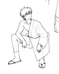 Rule 34 | 1boy, closed mouth, expressionless, gintama, godzillapigeon1, greyscale, hair between eyes, highres, invisible chair, japanese clothes, kimono, leaning forward, long sleeves, looking to the side, looking up, male focus, monochrome, off shoulder, sakata gintoki, sandals, short hair, sidelocks, simple background, single bare shoulder, sitting, sketch, socks, solo, spread legs, tabi, white background