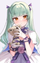 Rule 34 | 1girl, blue cape, blunt bangs, blush, breasts, brown eyes, cape, commentary request, dress, flower, gloves, green hair, grey background, hair ornament, hair ribbon, hairclip, hands up, highres, holding, holding stuffed toy, kanzarin, long hair, mahoroba, nemori petty, pink flower, pink rose, purple dress, purple ribbon, ribbon, rose, see-through, small breasts, solo, stuffed animal, stuffed toy, teddy bear, twintails, very long hair, virtual youtuber, white cape, white gloves