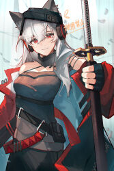 Rule 34 | 1girl, absurdres, animal ears, arknights, beanie, black gloves, black skirt, breasts, devil may cry (series), devil may cry 5, ears through headwear, foreshortening, fox ears, fox girl, frostleaf (arknights), gloves, grey hair, grey shirt, hair between eyes, hat, headphones, highres, holding, holding sword, holding weapon, huajiaohaibao, implied extra ears, jacket, katana, long hair, looking at viewer, material growth, medium breasts, off-shoulder shirt, off shoulder, open clothes, open jacket, oripathy lesion (arknights), parody, red eyes, red jacket, scabbard, sheath, shirt, skirt, smile, solo, sword, weapon