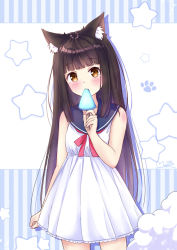 Rule 34 | 1girl, alternate costume, animal ears, azur lane, black hair, blunt bangs, blush, bow, bowtie, casual, commentary request, contemporary, dress, eating, food, fox ears, fox girl, holding, long hair, looking at viewer, m ko (maxft2), nagato (azur lane), popsicle, sailor dress, sidelocks, simple background, sleeveless, solo, white background, white dress, yellow eyes
