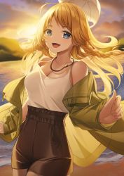 Rule 34 | 1girl, absurdres, ahoge, alternate costume, bare shoulders, blonde hair, blue eyes, breasts, camisole, cleavage, collarbone, cowboy shot, evening, floating hair, hachimiya meguru, high-waist shorts, highres, idolmaster, idolmaster shiny colors, jewelry, large breasts, long hair, looking at viewer, medium breasts, necklace, open mouth, outdoors, shirt, shirt tucked in, shorts, sky, smile, solo, sora (men0105), swept bangs, white shirt, wind, wind lift