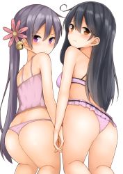 Rule 34 | 10s, 2girls, ahoge, akebono (kancolle), ass, bell, black hair, blush, bra, brown eyes, camisole, flower, frills, from behind, hair bell, hair between eyes, hair flower, hair ornament, holding hands, kantai collection, lingerie, long hair, looking back, mizushina minato, multiple girls, panties, pink bra, pink panties, purple eyes, purple hair, side ponytail, simple background, thong, underwear, underwear only, ushio (kancolle), white background