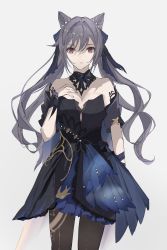 Rule 34 | 1girl, absurdres, arm ribbon, black bow, black dress, black pantyhose, bow, breasts, cleavage, cone hair bun, detached collar, diamond-shaped pupils, diamond (shape), dress, genshin impact, hair between eyes, hair bun, hair ornament, hand on own chest, highres, keqing (genshin impact), keqing (opulent splendor) (genshin impact), long hair, looking at viewer, medium breasts, official alternate costume, pantyhose, pearl hair ornament, purple eyes, purple hair, r (vaph4255), ribbon, standing, symbol-shaped pupils, twintails, white background