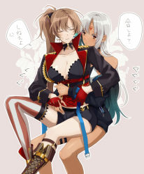 Rule 34 | 2girls, amazuki jou, asymmetrical footwear, azur lane, bikini, bikini top only, black jacket, body markings, bodypaint, breasts, center opening, choker, closed eyes, collarbone, commentary request, corset, dark-skinned female, dark skin, facial mark, feather hair ornament, feathers, forehead mark, gloves, gold choker, hair ornament, half gloves, highres, hug, hug from behind, jacket, jean bart (azur lane), light brown hair, long hair, massachusetts (azur lane), micro shorts, multiple girls, native american, off shoulder, orange eyes, shorts, single thighhigh, striped clothes, striped thighhighs, swimsuit, thighhighs, thighlet, translated, uneven footwear, vertical-striped clothes, vertical-striped thighhighs, white hair
