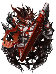 Rule 34 | 1boy, belt, black gloves, brown hair, chain, claws, cross, dragon install, english text, fire, gloves, guilty gear, guilty gear xrd, holding, holding weapon, long hair, looking at viewer, male focus, multiple belts, ponytail, re (re 09), red eyes, simple background, sol badguy, transformation, weapon, white background