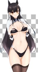 Rule 34 | 1girl, akagikoku, animal ears, atago (azur lane), atago (stunning speedster) (azur lane), azur lane, bad id, bad pixiv id, bikini, black bikini, black hair, black thighhighs, bow, breasts, brown eyes, checkered background, cleavage, commentary request, cowboy shot, extra ears, highres, large breasts, long hair, looking at viewer, mole, mole under eye, race queen, ribbon, shrug (clothing), solo, standing, swept bangs, swimsuit, thigh gap, thighhighs, two-tone background, two-tone bikini, white background, white bow, white ribbon