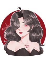 Rule 34 | 1girl, absurdres, ahoge, bare shoulders, black dress, black hair, blush, border, breasts, cleavage, dress, hair over one eye, highres, lipstick, long hair, looking at viewer, lust (fma), makeup, medium breasts, outside border, red eyes, round border, simple background, smile, solo, stariylu, white background