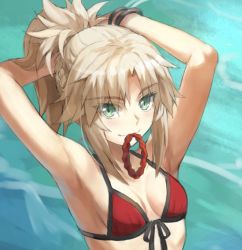 Rule 34 | 1girl, armpits, arms behind head, arms up, bad id, bad twitter id, bare shoulders, bikini, blonde hair, braid, breasts, collarbone, fate/grand order, fate (series), female focus, french braid, green eyes, hair tie in mouth, long hair, looking at viewer, mordred (fate), mordred (fate) (all), mordred (swimsuit rider) (fate), mordred (swimsuit rider) (first ascension) (fate), mouth hold, parted bangs, ponytail, red bikini, red scrunchie, scrunchie, sidelocks, small breasts, smile, solo, swimsuit, tonee, tying hair
