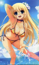 Rule 34 | 1girl, absurdres, armpits, arms up, beach, bikini, blonde hair, blue eyes, blush, breasts, cleavage, cloud, day, flower, front-tie top, hair flower, hair ornament, highres, large breasts, lens flare, long hair, navel, open mouth, orange bikini, outdoors, side-tie bikini bottom, sky, smile, solo, swimsuit, tomose shunsaku, water